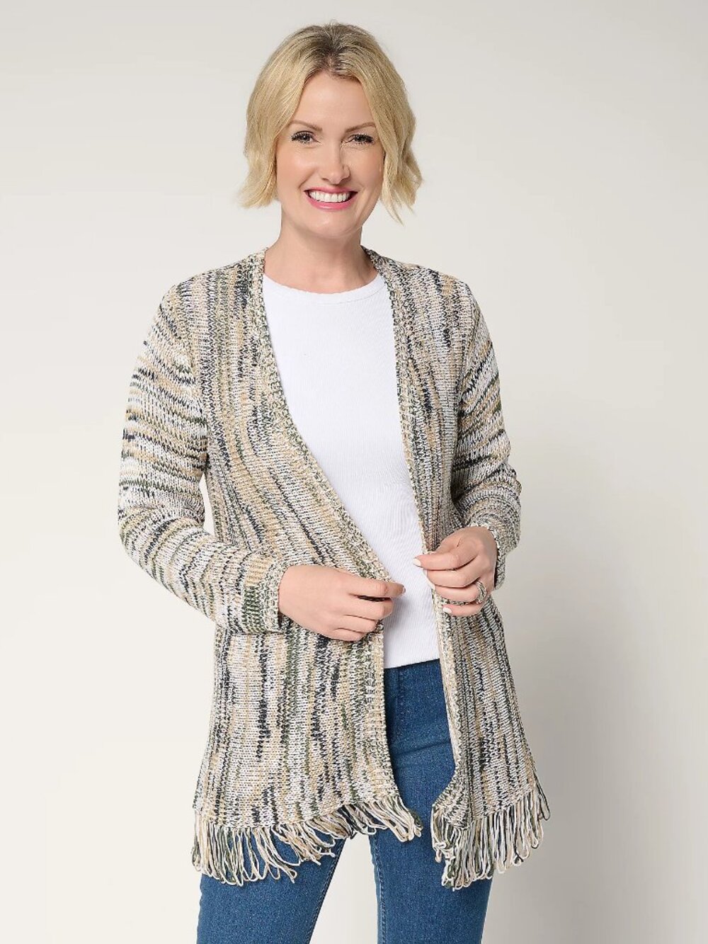 Denim & Co. Cayon Retreat Regular Fringe Sweater Cardigan, Sz L a701349